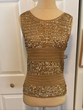 Papell Boutique Gold Sequin Crochet Tank Top